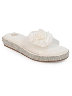 Alberto Torresi White Floral Slide Sandals – Elegant Party Wear With Crystal Detailing