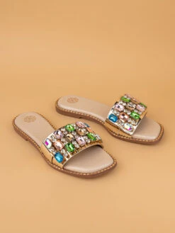 Aberto Torresi Gold Embellished Slide Sandals – Luxe Design With Multicolor Crystals