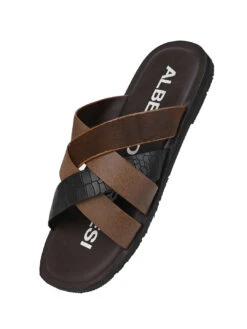 Alberto Torresi 272 Trendy Non Stitched Strap Black Leather Slippers -Alberto Torresi Store 59272 BLACK CROCO 4