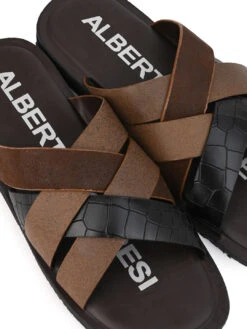 Alberto Torresi 272 Trendy Non Stitched Strap Black Leather Slippers -Alberto Torresi Store 59272 BLACK CROCO 7